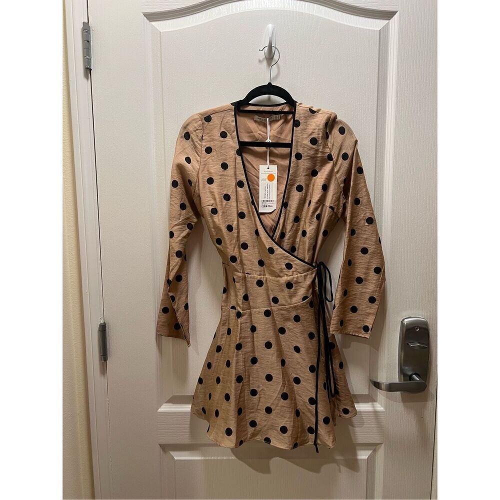 MON RENN Fallon Polka Dot Lucinda Mini Wrap Dress IN MOCHA size S NWT$199 - Picture 4 of 6